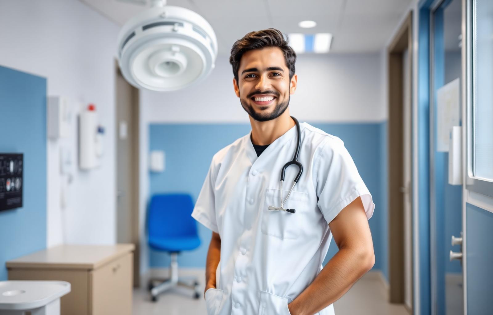 Operatore sanitario sorridente in clinica moderna